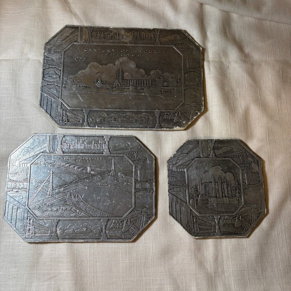 1933 Chicago World's Fair Century Progress Trivets Souvenir Trays Set of 3